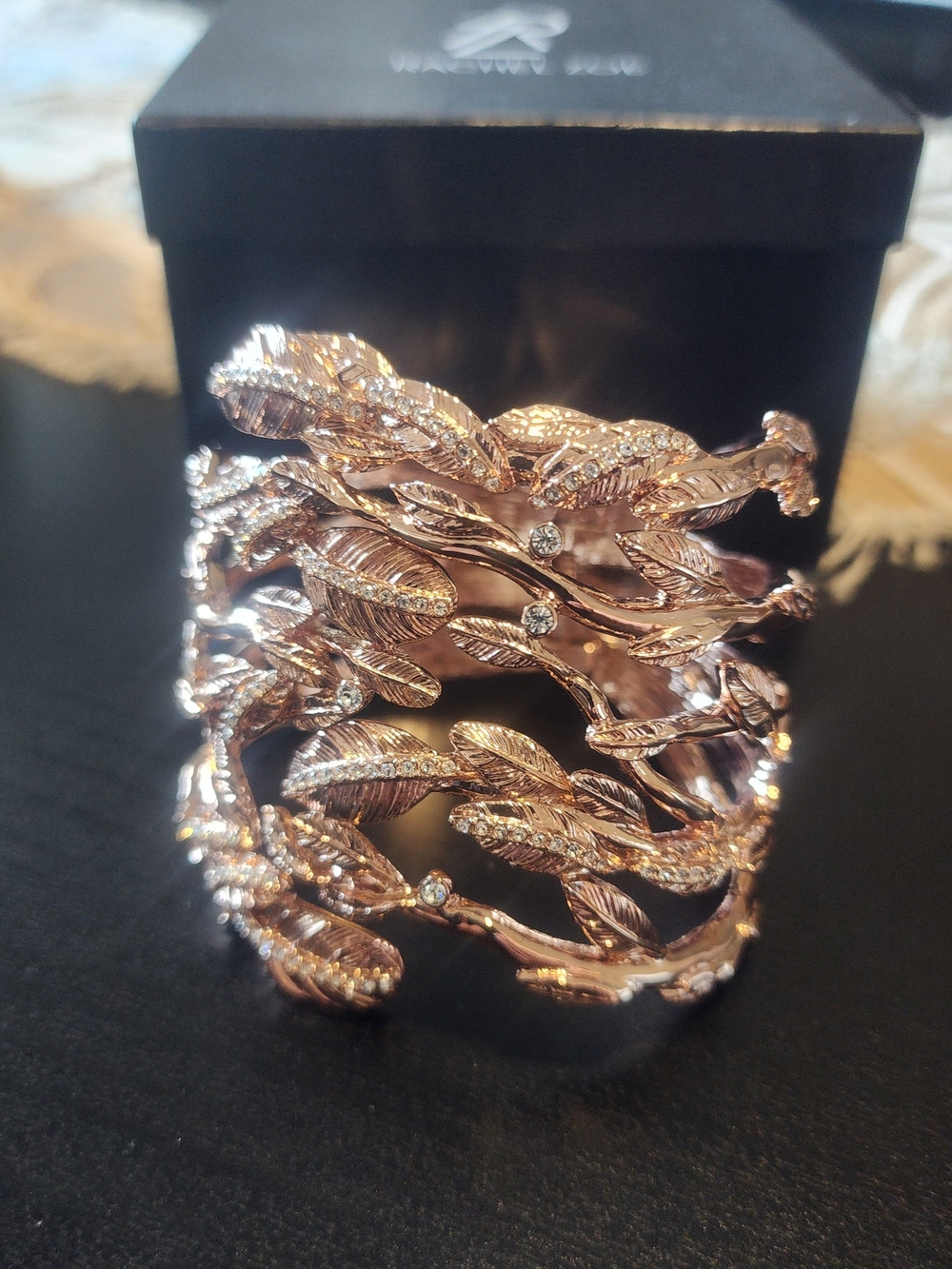 Rachel Zoe Simone Pave Crystal Leaf Clamper Cuff Bracelet Rose Gold NWOT Box